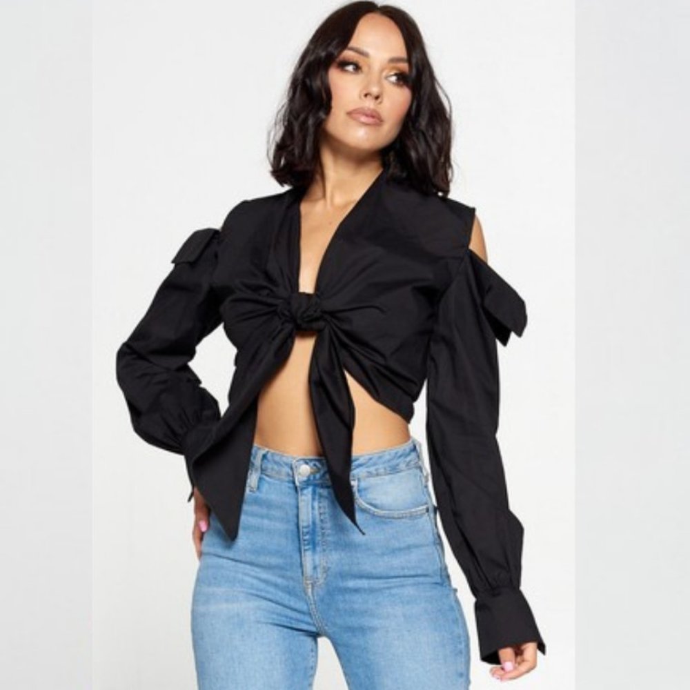 Cold Shoulder Adjustable Tie Front Crop Top Black